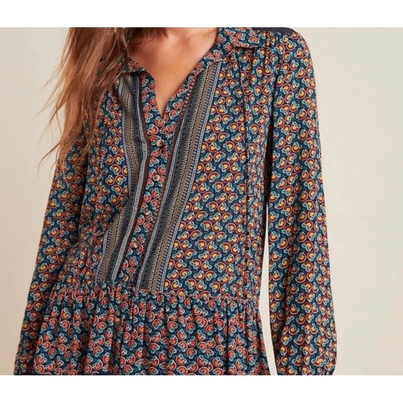 Maeve Tops - Maeve Anthropologie Floral Geometric Peplum Blouse‎ Navy Orange Lace Trim Size 2